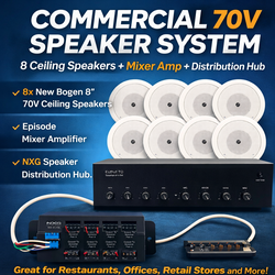 Commercial 70V Speaker System – 8 New Bogen Ceiling Speakers + Mixer Amp + Distribution Hub