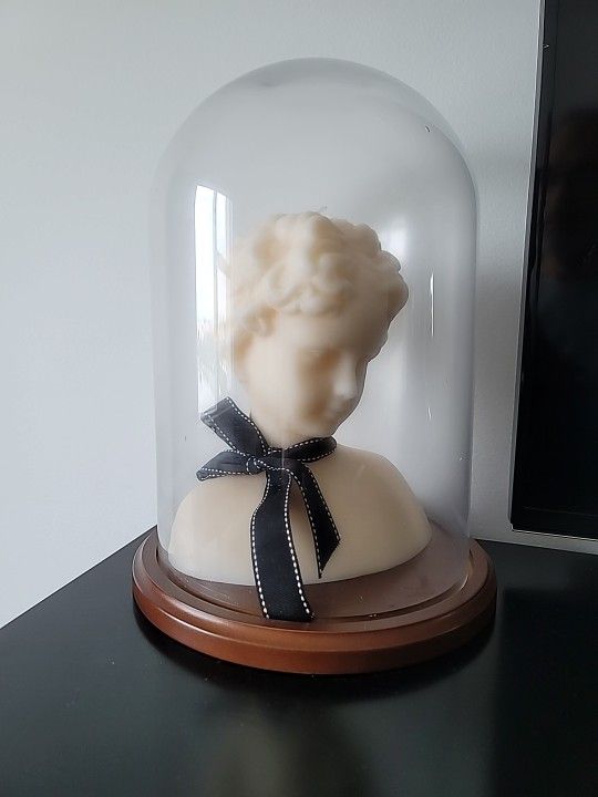 Candle Figurine In Glass Display Cae With Wood Base