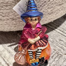 NEW VINTAGE Christopher Radko Halloween "SIT A SPELL" Witch Pumpkin Ornament