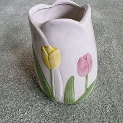 Collectible Ceramic Vase Featuring Raised, Floral Tulip Motifs