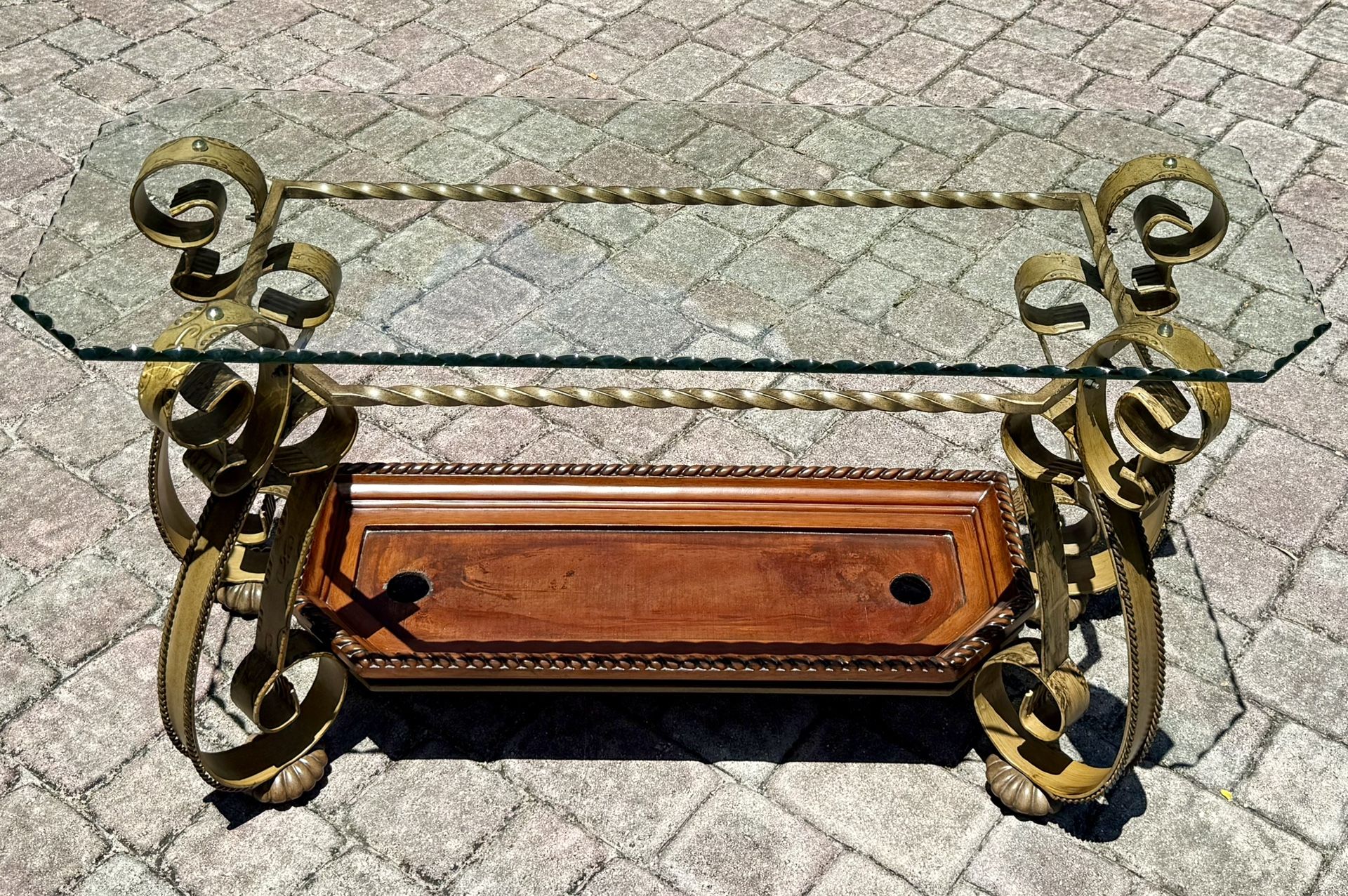 ⚡️ Heavy Ornate Glass Console Table – Wrought Iron & Wood Base