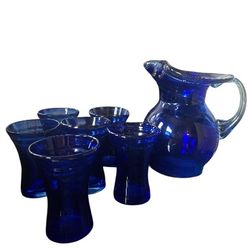 Handblown COBALT Swirl Pitcher And Glass Set