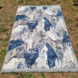 Blue, White & Tan Abstract Rug With Fringes 57.5 x 39.5