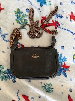 Small black leather gold accent leather coach hangbag purse hang tags