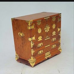 Vintage Teak & Burl Wood Korean Tansu Cabinet Jewelry Chest 
