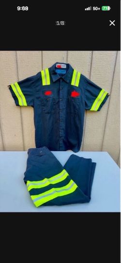 Men’s Cintas Comfort Flex Uniform 59935 Sz Large Shirt Blue N Gray Pants Sz 30 x 30 Hi-Visibility Stripes Set