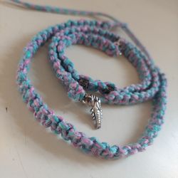 Handmade Macrame Pink & Blue Marbled Choker Collar, Anklet and Bracelet Set. 12" Choker Collar, 9" Anklet with Lobster Clasp & 8" Bracelet with Silver