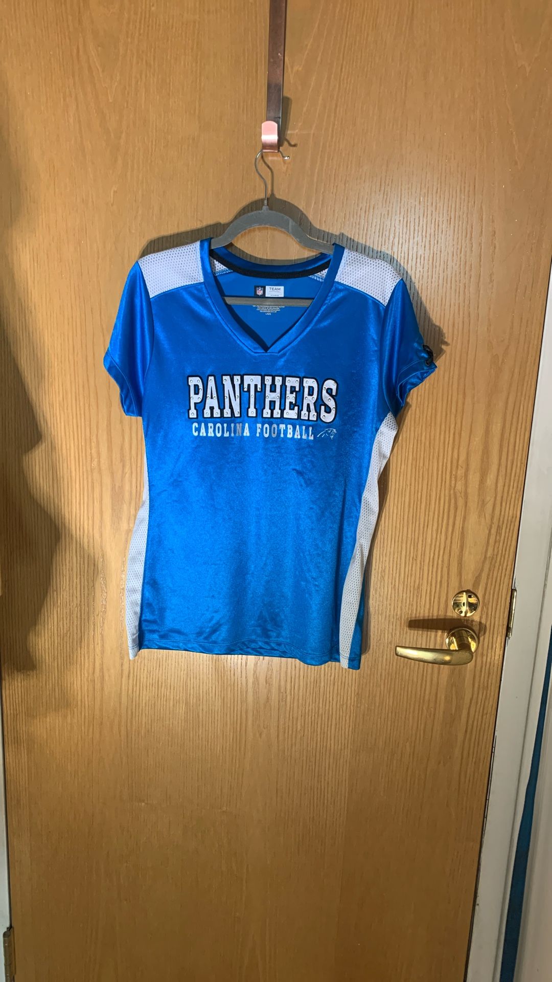 Women’s Size L Carolina Panthers NFL Jersey With Silver Rivets