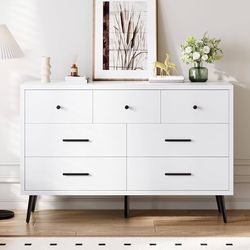  7-Drawer Dresser in White Wood with Black Metal Handles, Anti-Tip Safety Feature, Modern Storage Cabinet for Living Room, Hallway, or Entryway