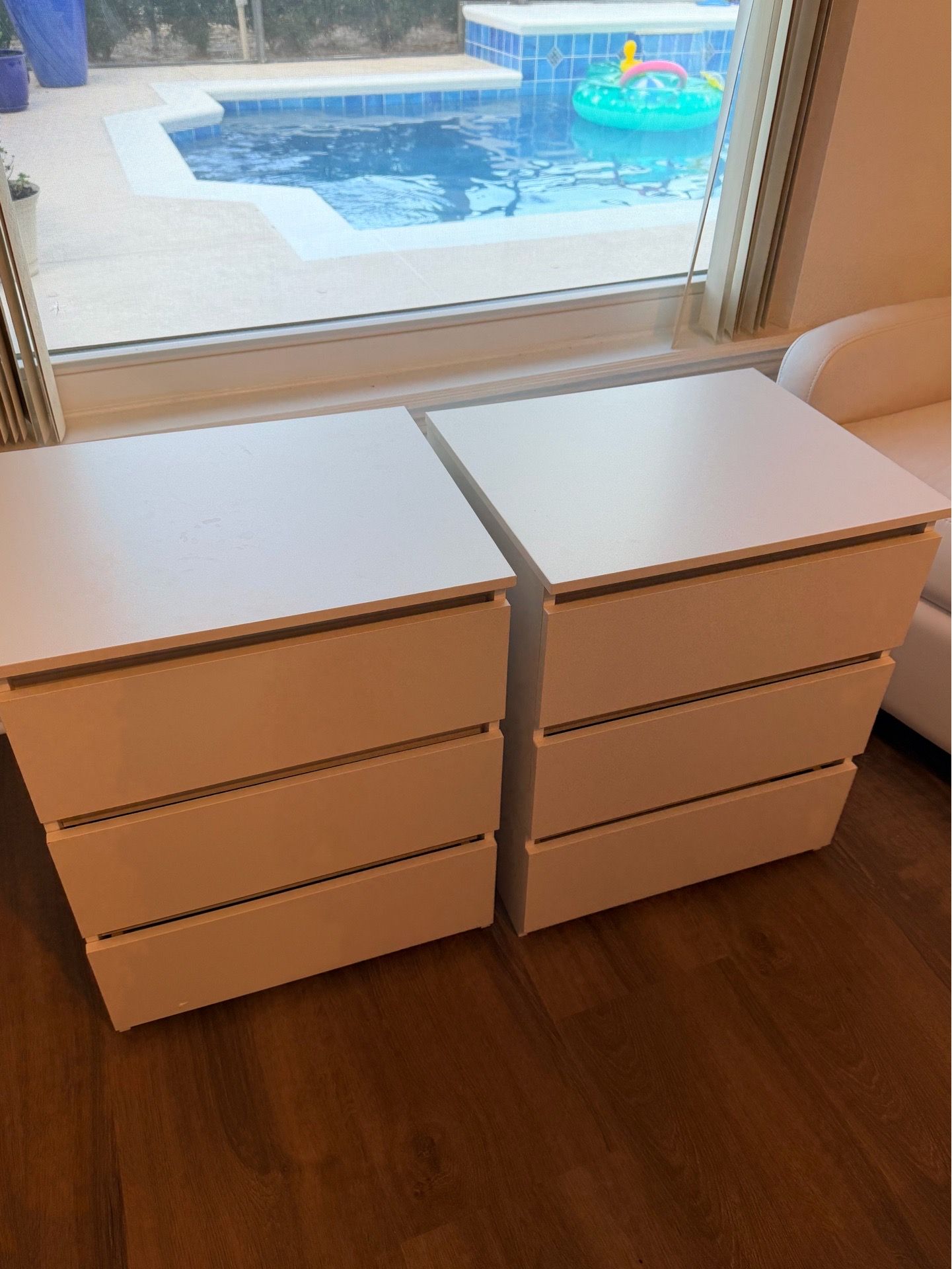 2 white night stands, brand new purchased on April, after assembled, too small, perfect for kids
