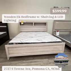 Wooden EK Bedframe W/ Shelving & LED Lighting 