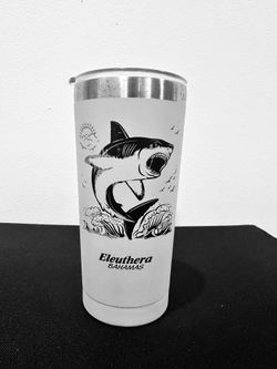 ELEUTHERA BAHAMAS SHARK INSULATED TUMBER WHITE WITH BLACK GRAPHIC.