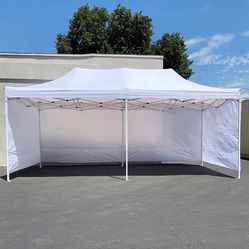 (New in box) $240 Heavy Duty 10x20 FT Canopy (with 4 Sidewalls) Ez Pop Up Outdoor Party Tent w/ Carry Bag (White/Blue)