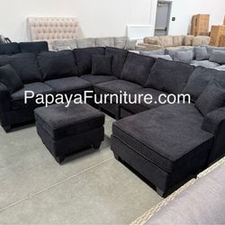 New! REVERSIBLE Large Sectional Sofa And Ottoman, Reversible Chaise Couch, Sectional, U-shaped Sofa, Sectionals Sofas, Couch,Black Sectional,Chenille 