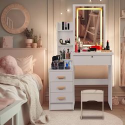 Vanity Table Makeup Vanity Desk with Sliding Mirror, Dressing Table with Drawers & Cosmetic Storage Shelves, Home Furniture Bedroom Makeup Vanity Tabl