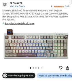 EPOMAKER RT100 Retro Gaming Keyboard with Display Screen, BT5.0/2.4G/USB-C, 97 Keys Gasket Custom Keyboard, Hot Swappable, RGB Backlit, with Knob