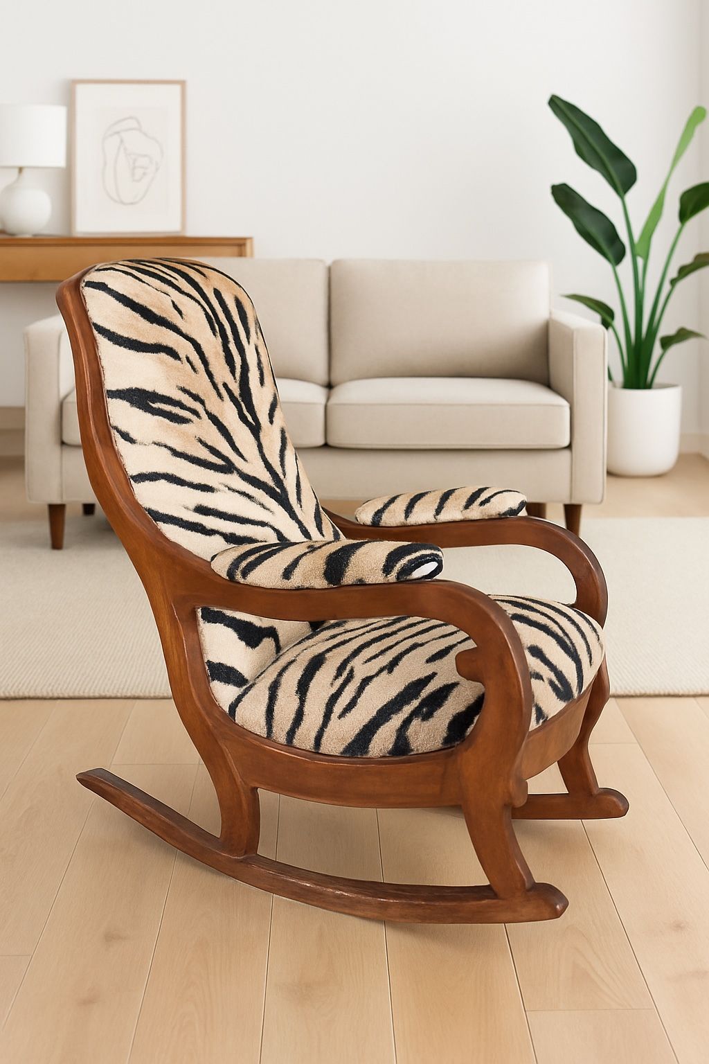Vintage Boho Rocking Chair – Solid Wood Frame, Zebra Print Upholstery, Safari-Inspired Accent Chair
