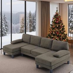 Brand New 110” U-Shaped Sectional Couch – Still in Box – Khaki/Green