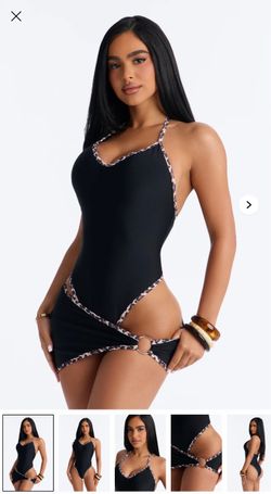 Leopard contrast, black swimsuit and micro mini skirt set