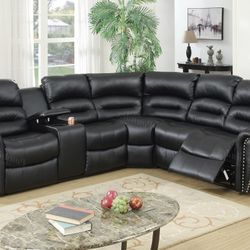 Brand New Black Leather Reclining Sectional Sofa