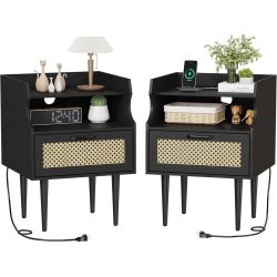 Black and Rattan Nightstand Set of 2