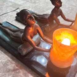 Pair Of Very Rare Vintage European Solid Bronze Lady Lamp on Marble Base - 15”x5” 7”H - With European Plug Adapter 