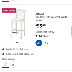 3 IKEA White Bar Stools with Backrest 