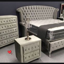 Gray Velvet 4 Piece King Bedroom Set ( King Bed, Dresser, Mirror, Night Stand ) 💥 Brand New 💥 Fastest Delivery 🚚 