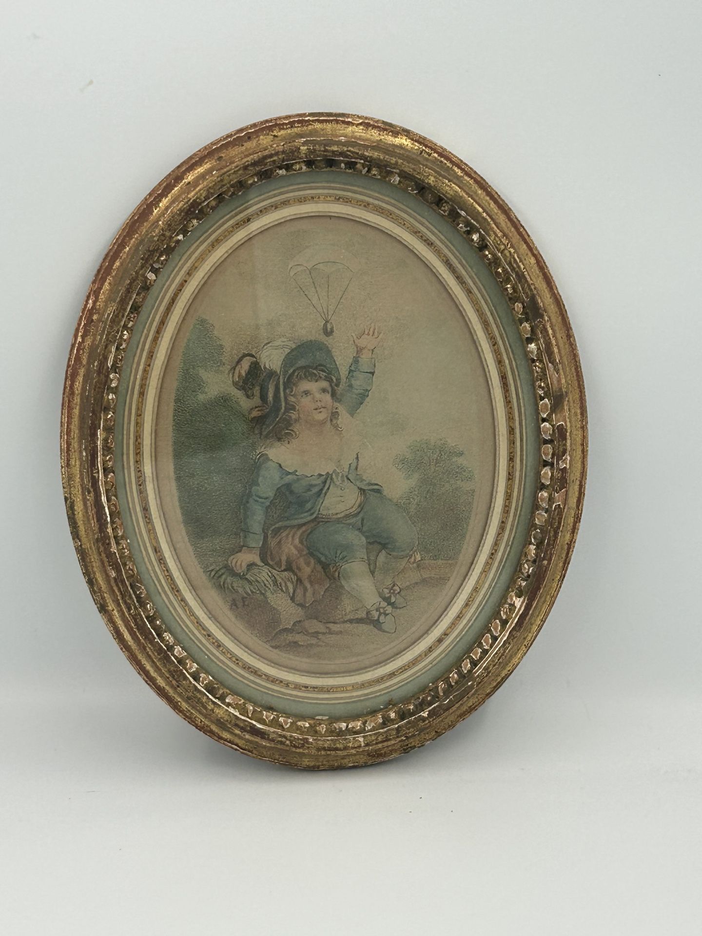 Vintage French Print Boy With Parachute Gold Painted Frame Circa 1960s