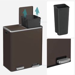 Trash Can, 2 x 8 Gallon (2 x 30 L) Garbage Can for Kitchen, with 15 Trash Bags, 2 Compartments, Plastic Inner Buckets and Hinged Lids, Airtight, Brown