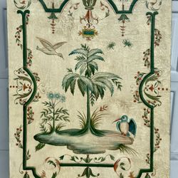 ⭕️ Hand-painted Vintage Neoclassical Botanical Wall Art – Tropical Palm & Birds, 33x46