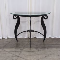 Black Metal Demilune Console Table with Glass Top
