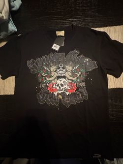 Large Watson black graphic tee with skull, roses and cherubs design,