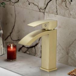 Single Handle Single Hole Waterfall Bathroom Faucet in Brushed Gold. 7.48 in. H