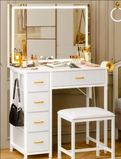 All white Vanity set w/tower dresser, and hobby cart $100