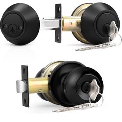 Probrico Flat Black Double Cylinder Handleset Combo Pack Keyed Alike Entry Knobs with Deadbolts Exterior Hardware for Outside Gate and Front Door 1 Pa