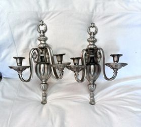 Vintage Heavy Metal Double-Arm Wall Sconces (Pair) - Colonial Style