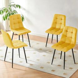 Set of 4 Yellow Velvet Tufted Dining Chairs – Brand New in Box
