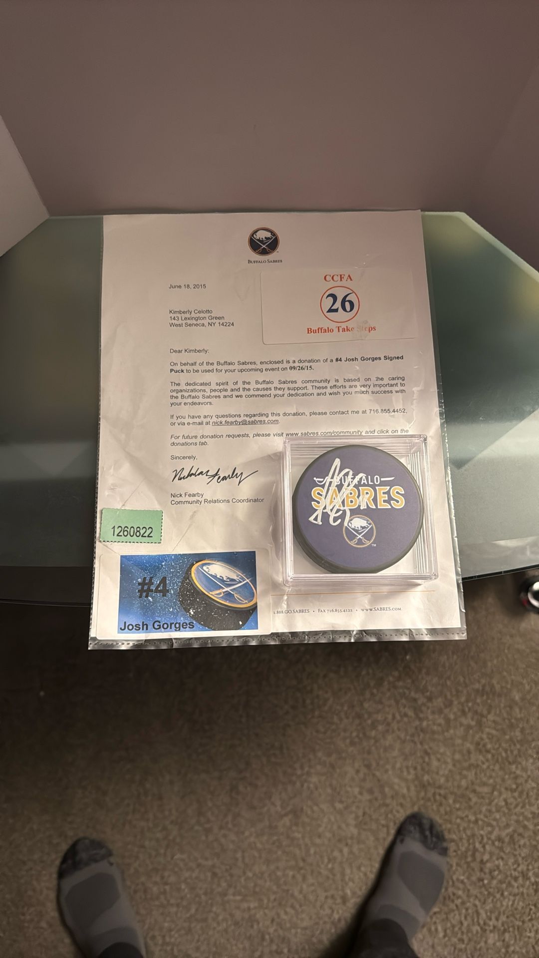 Buffalo Sabres Josh Gorges Signed Hockey Puck 