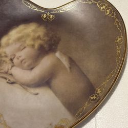 1996 Bradford Exchange “Sweet Slumber” Small Heart Shaped Plate W/ Gold Trim.