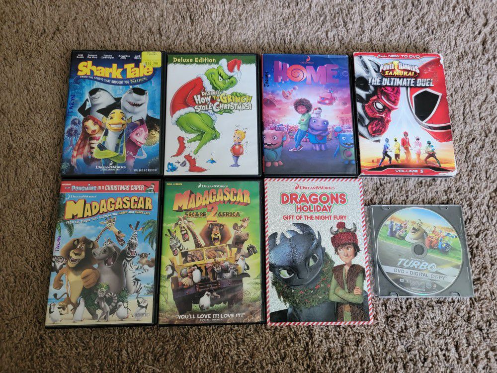 Madagascar 1 & 2, Shark Tale, Grinch, Dragons, Home, Power Rangers, & Turbo DVDs