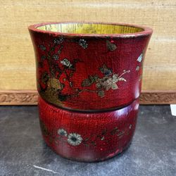 Chinese Cylindrical Wooden Box/ Stand Leather Wrapped Painted Gilded