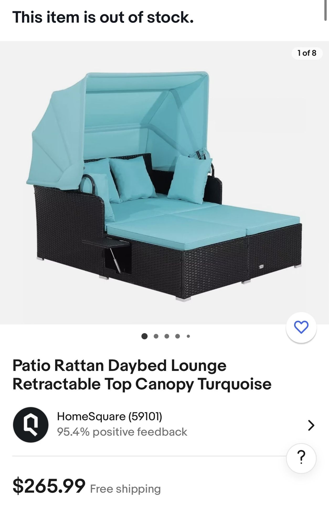 Patio Rattan Daybed Lounge Retractable Top Canopy Turquoise New In The Box