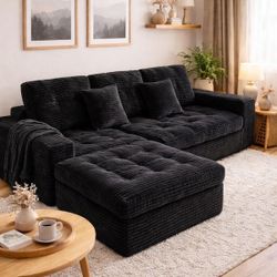 105 in. Square Arms 3-Piece Faux Rabbit Fur Fabric Modular Compressed Sectional Sofa in. Black with Ottoman