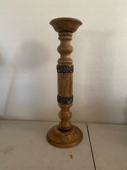 Wooden Pillar Candle Holder with Metal Accents