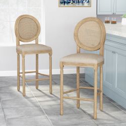 French Country Barstools With Upholstered Seating (Set Of 2), Beige And Natural