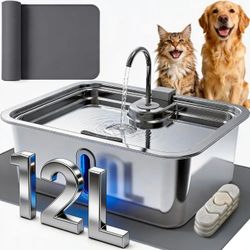 12L/3.17Gal Dog Water Fountain with Silicone Mat & 3 Filters, Stainless Steel Multi Pet Water Dispenser