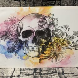 Skull & Flowers Watercolor Canvas Print – Gothic Boho Wall Art 🌸💀