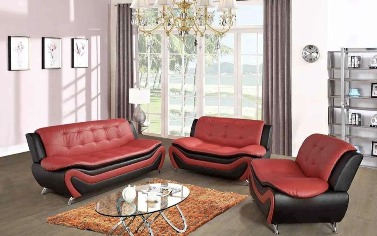 Red Leather Three Piece Couch Set