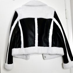 DKNY Modern Fur Trim Black & White Fur Leather Jacket 
